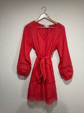 Evereve Red Long Sleeve Lace Cutout Tie-Waist Mini Dress - Size Medium
